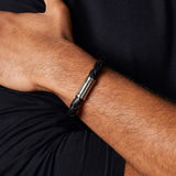 Black Leather and Stainless Steel Centrepiece Men's Bracelet