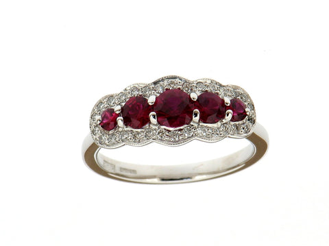 Ruby and Diamond Five Stone Cluster Ring