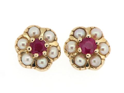 Ruby and Pearl Cluster Earrings