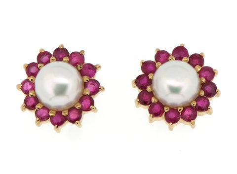 Pearl and Ruby Cluster Earrings