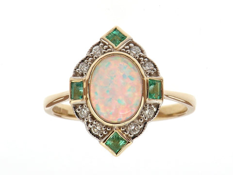 Opal, Emerald and Diamond Cluster Ring